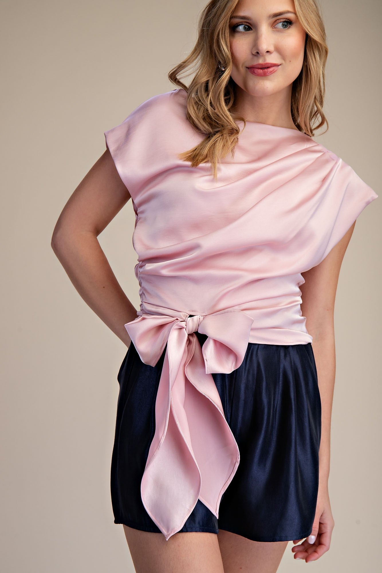 Pixie Light Pink Boat Neck Waist Tie Blouse