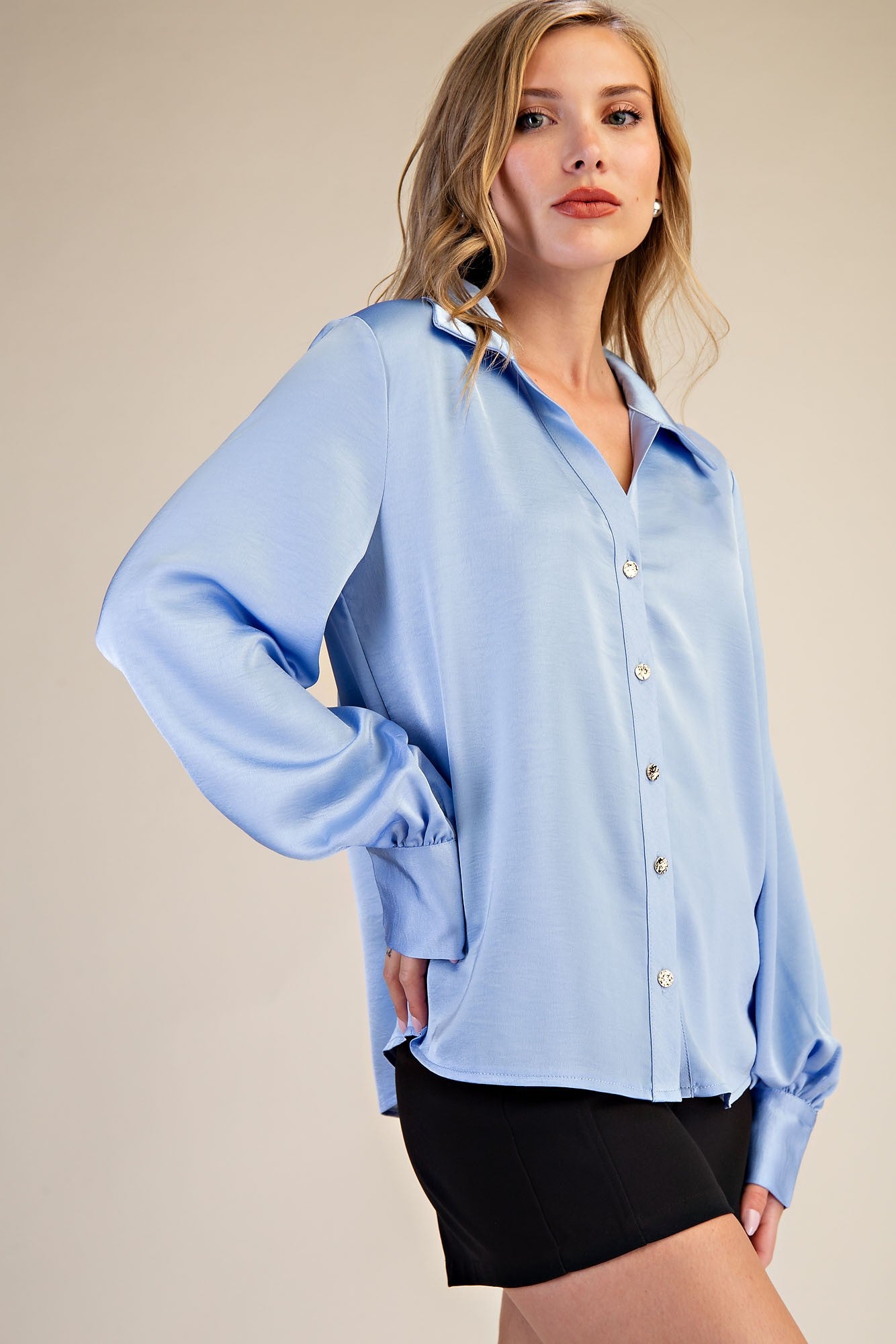Sally sky blue button up satin top