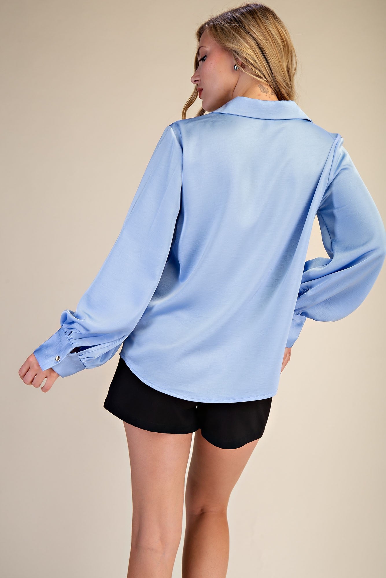 Sally sky blue button up satin top