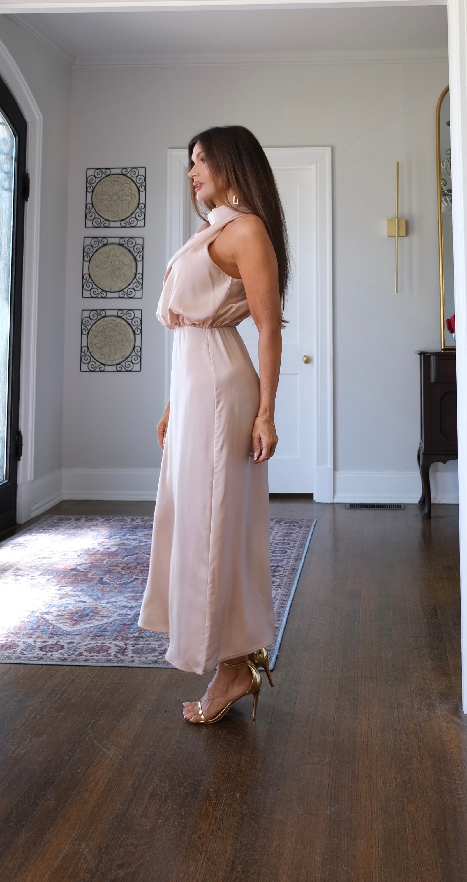 Bridgette apricot satin halter neck midi
