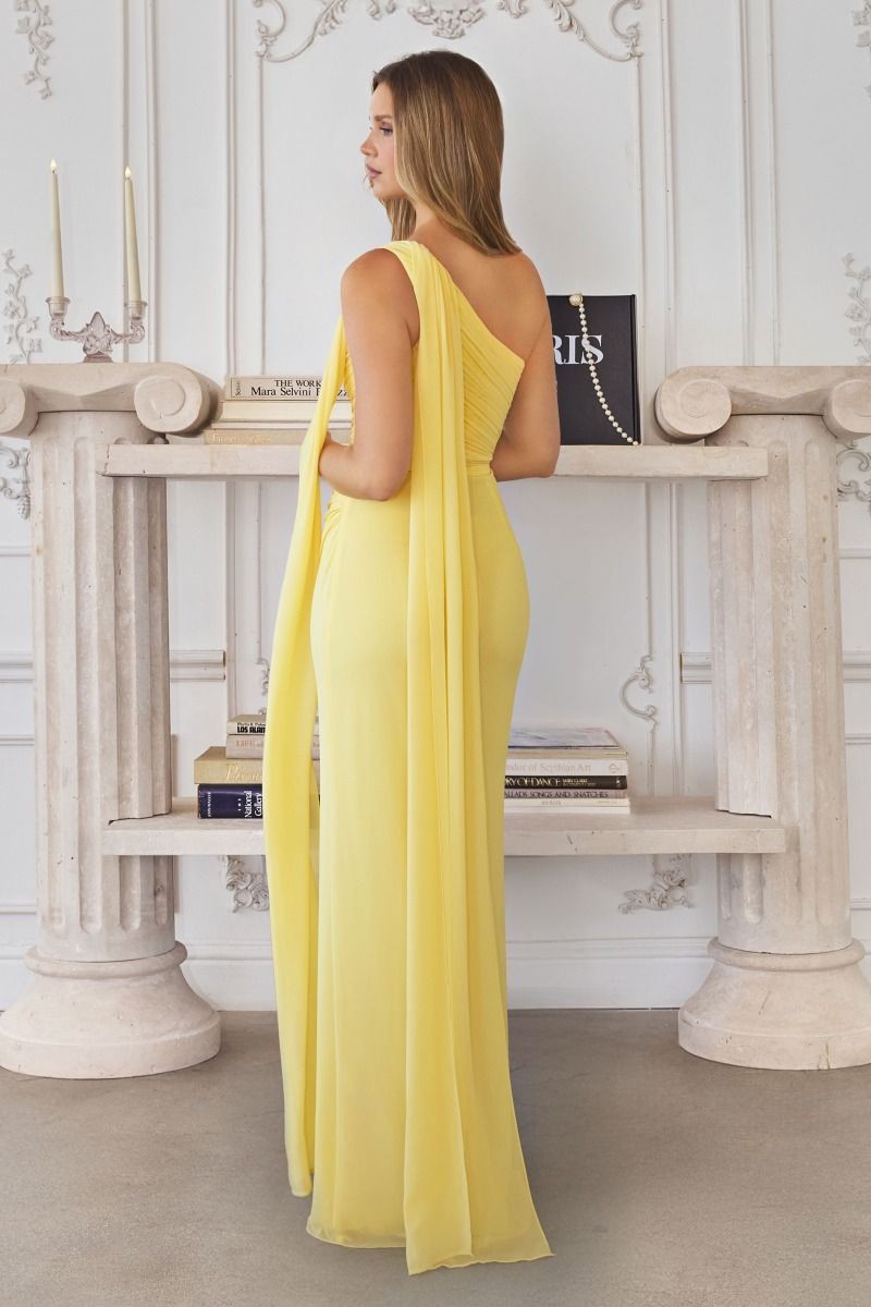 Naomi yellow one shoulder chiffon gown