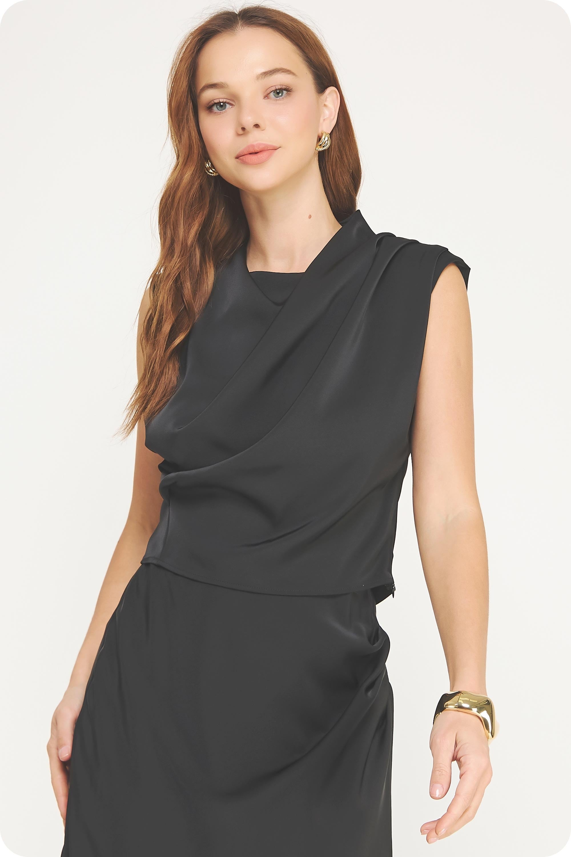Sylvie black draped satin cowl neck top