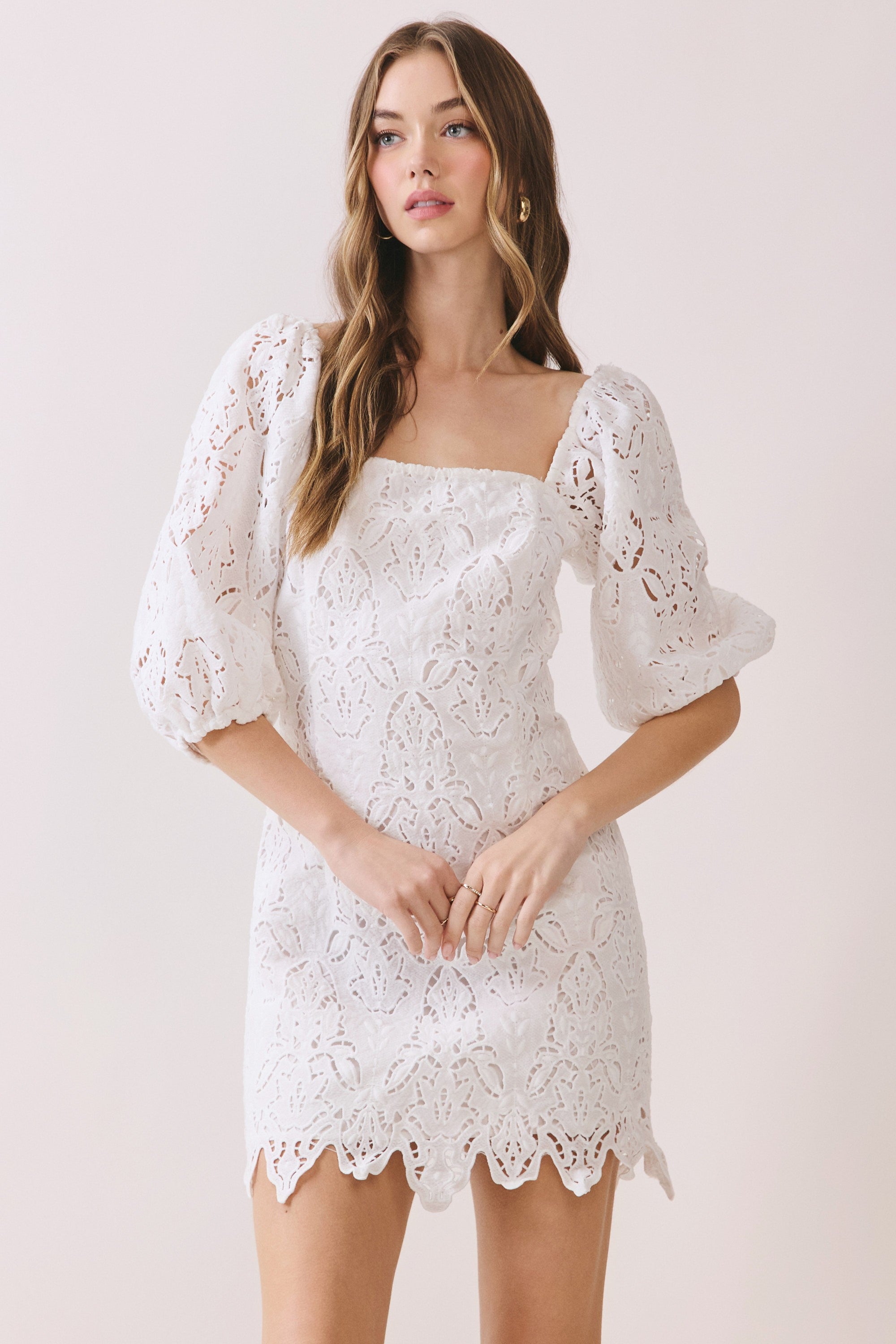 Nina White Scalloped Lace Puff Sleeve Mini Dress