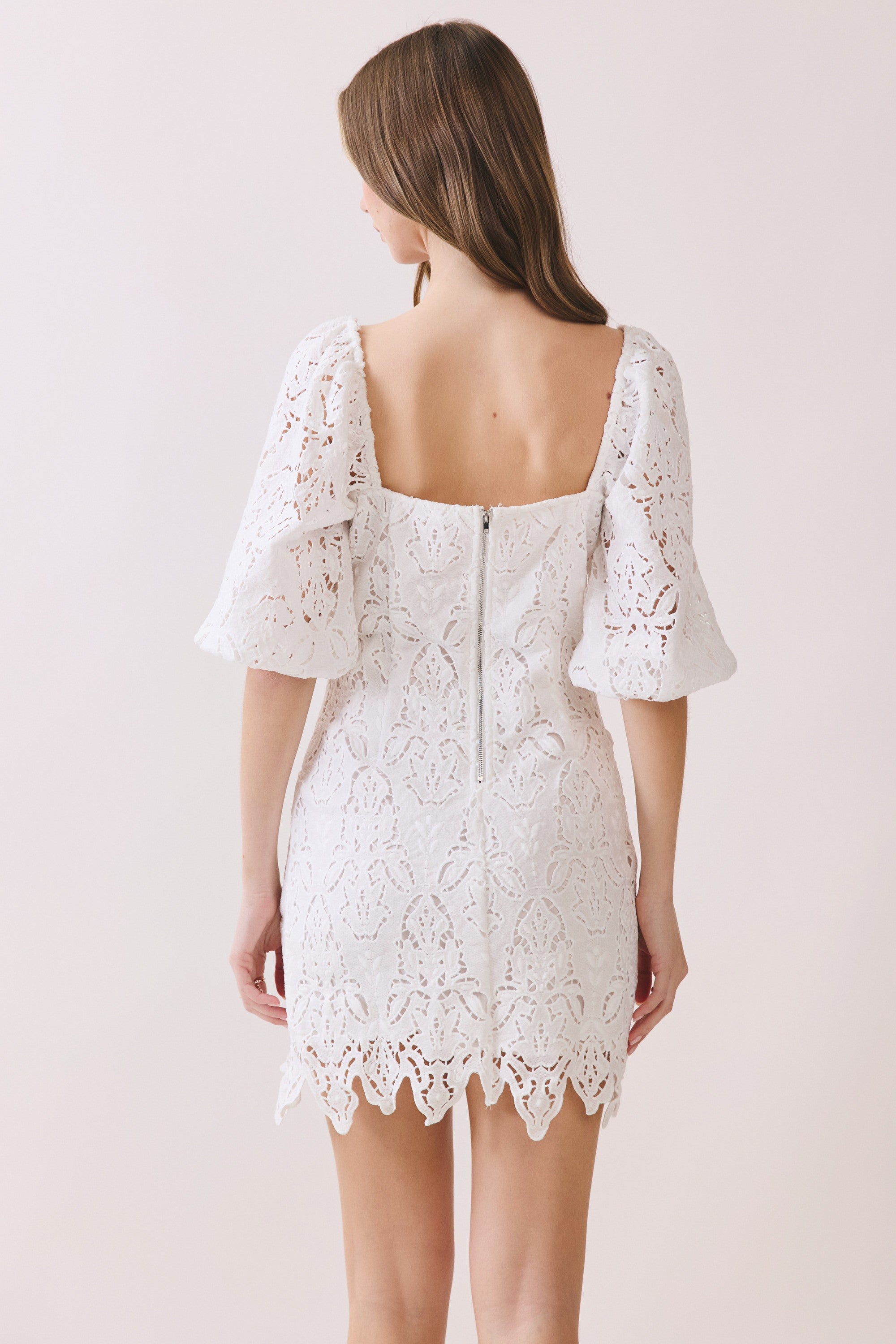 Nina White Scalloped Lace Puff Sleeve Mini Dress