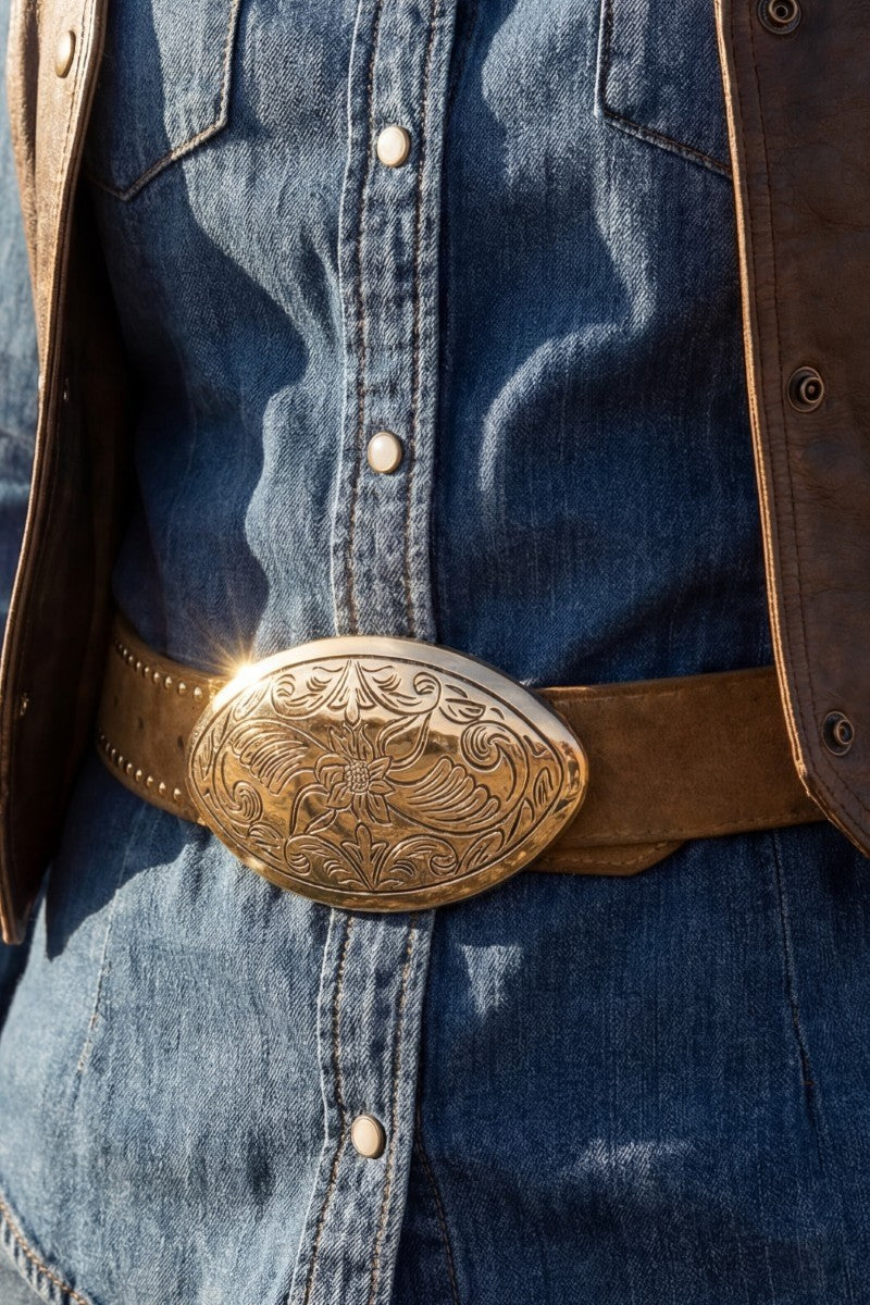 Cognac Vegan Leather Western Oval Belt