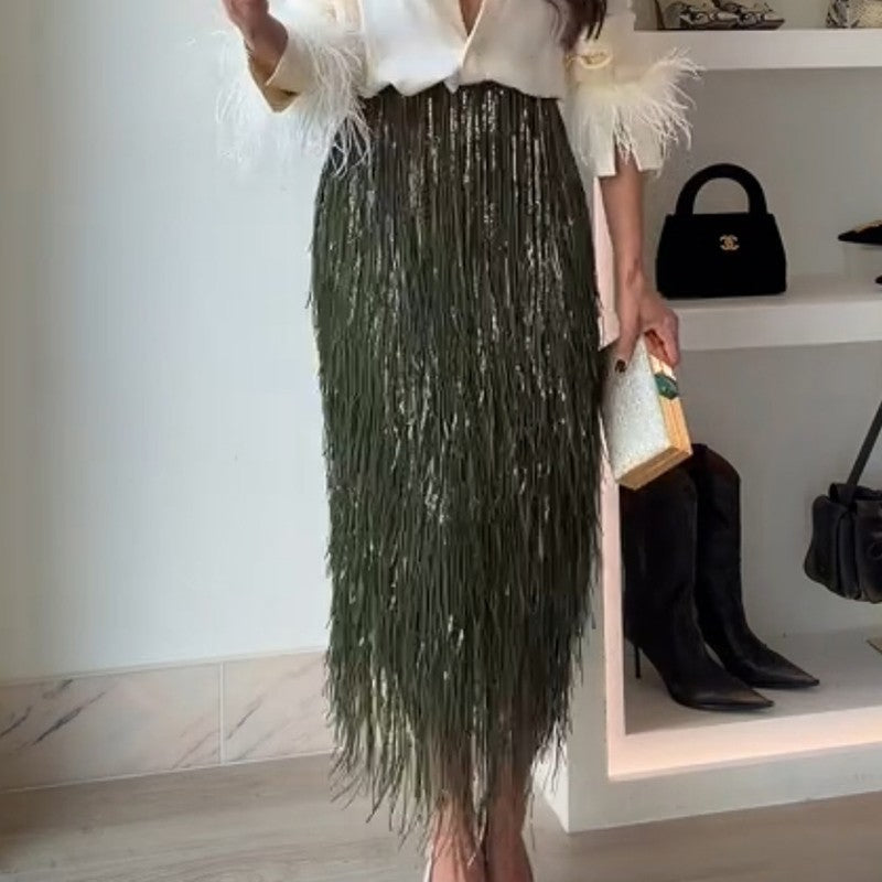Freya Hunter Green Fringe Detail Midi Skirt