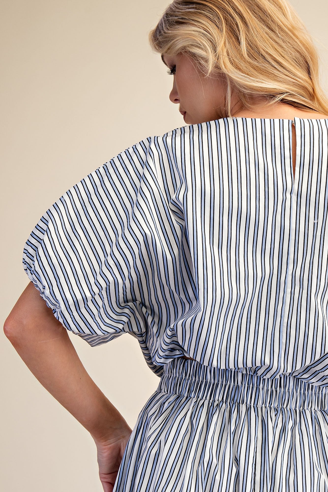 Annabeth striped round neck balloon crop top