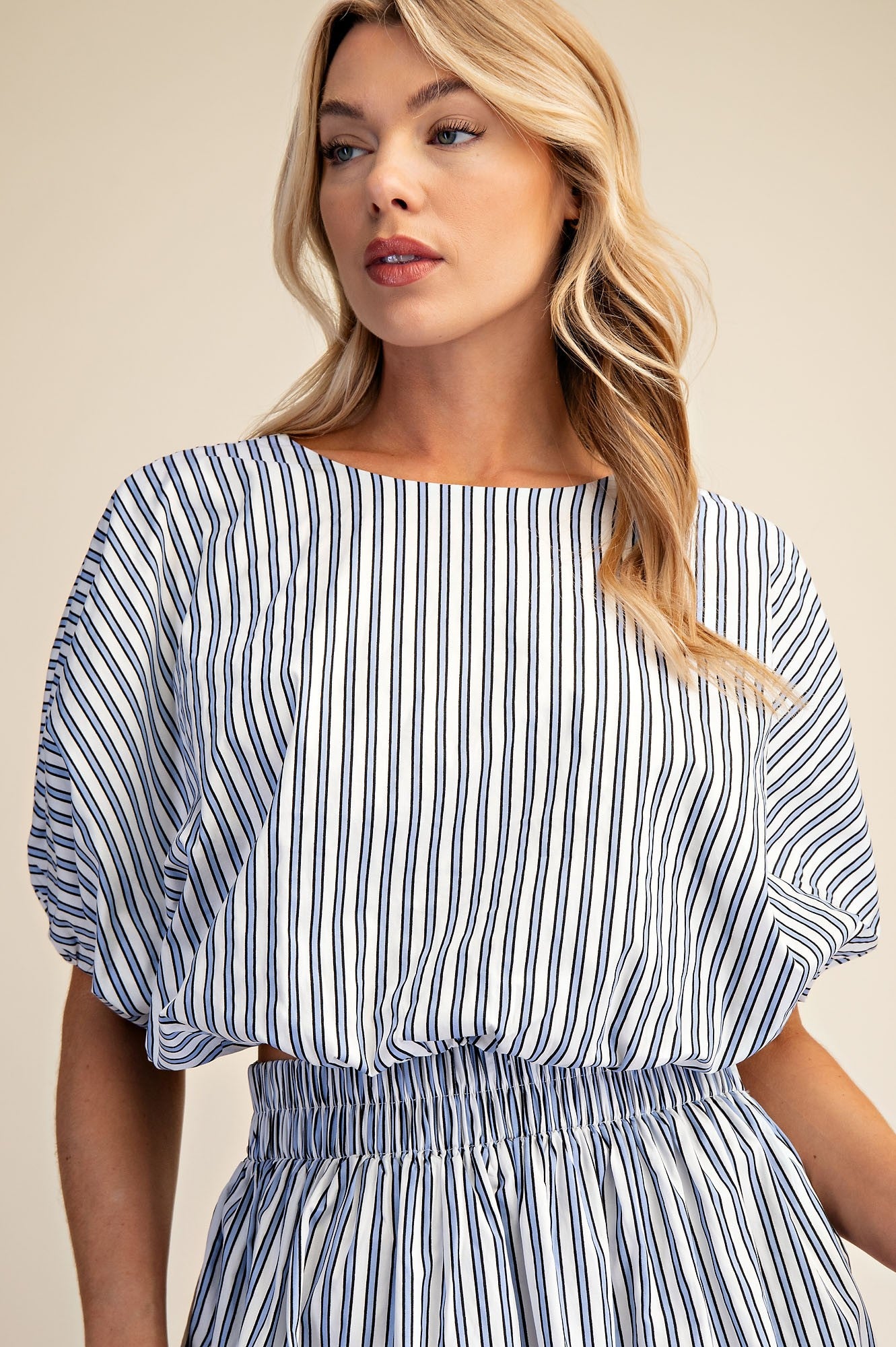 Annabeth striped round neck balloon crop top