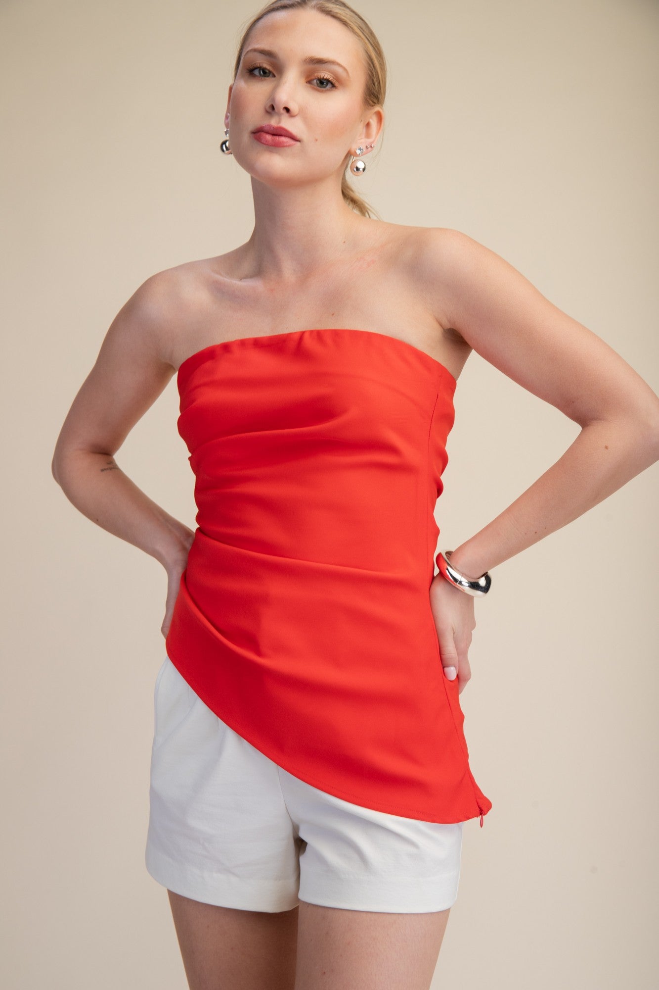 Leilani Ruched Asymmetric Strapless Bandeau Top