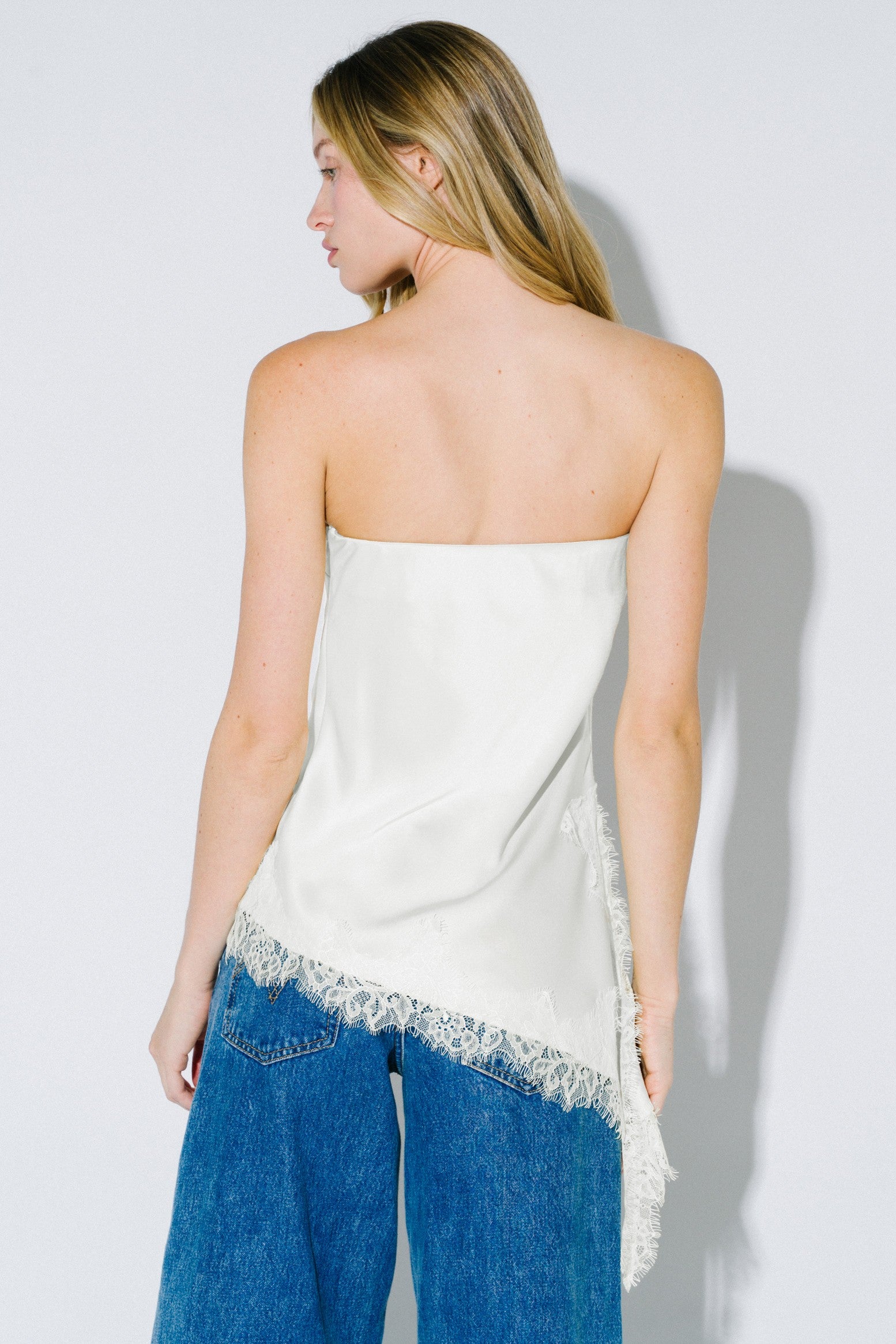 Aviana Ivory Asymmetric Satin Lace Trim Top