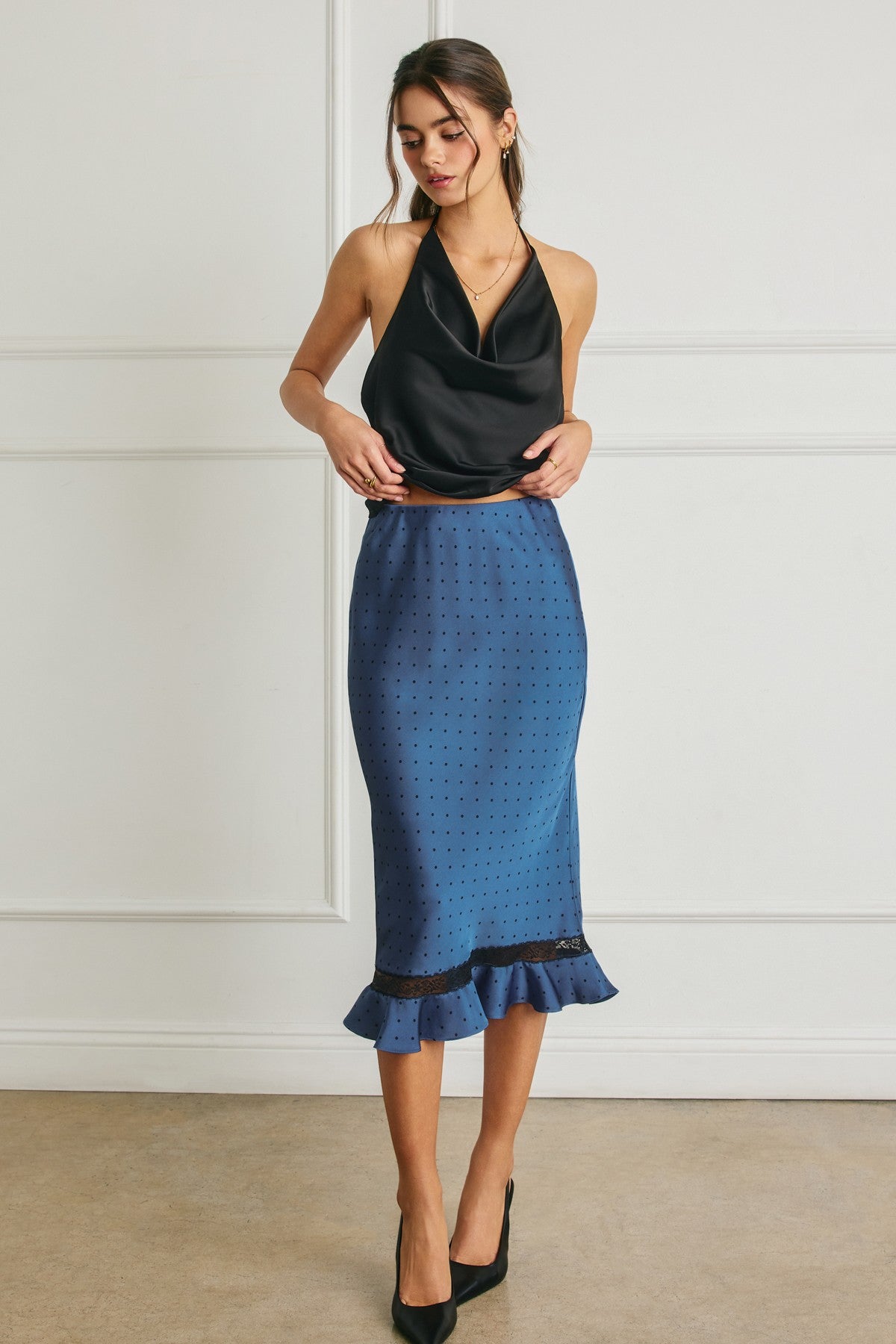 Rynlee Indigo and Black Polka Dot Satin Lace Skirt