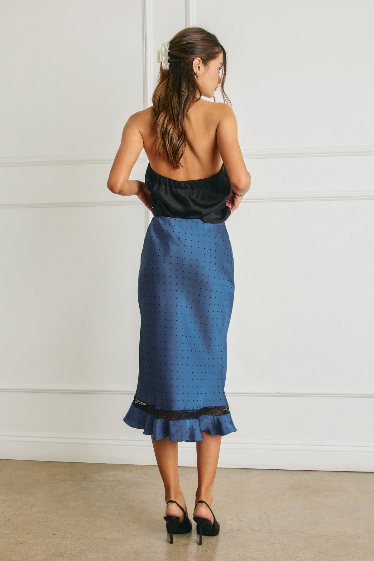 Rynlee Indigo and Black Polka Dot Satin Lace Skirt