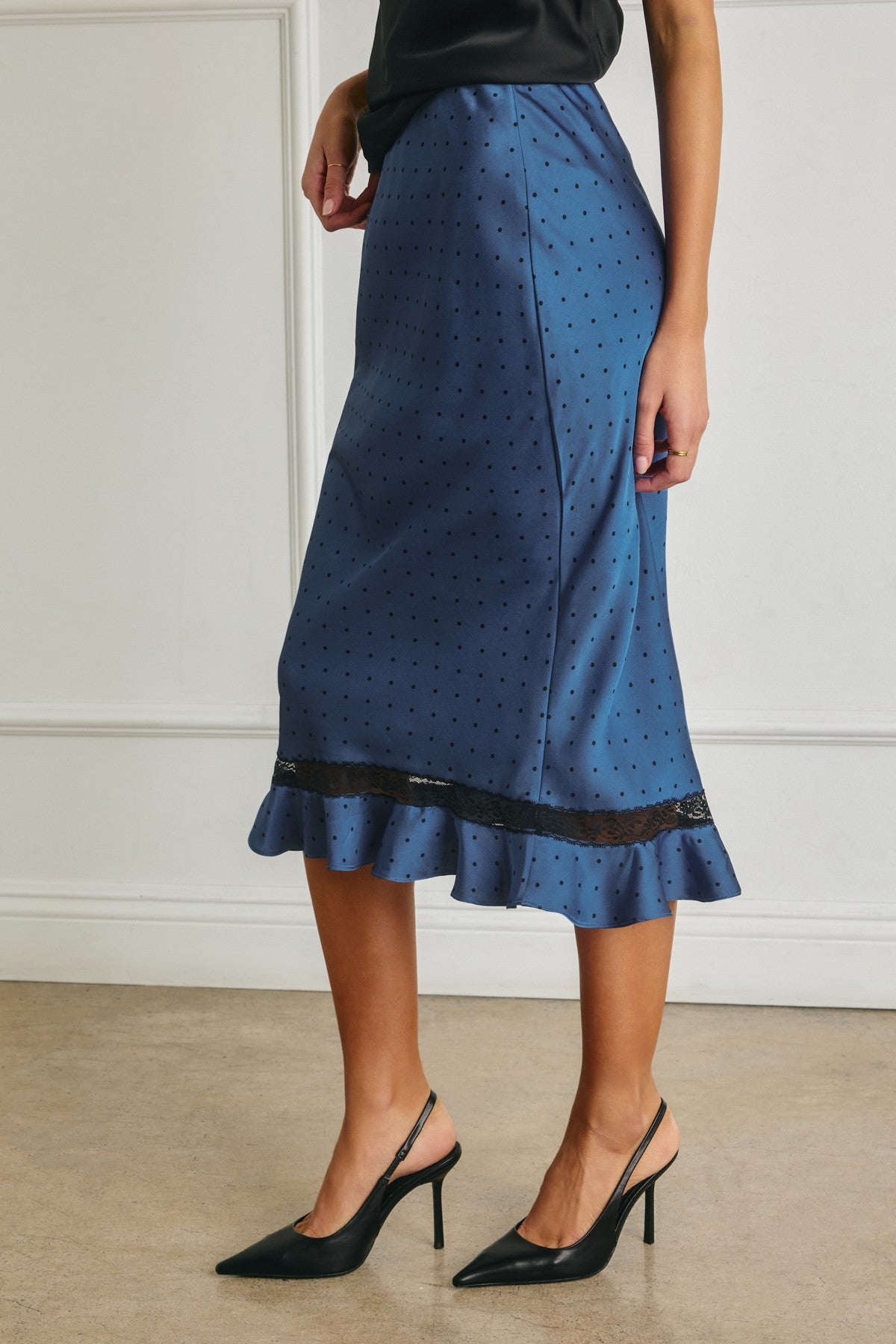 Rynlee Indigo and Black Polka Dot Satin Lace Skirt