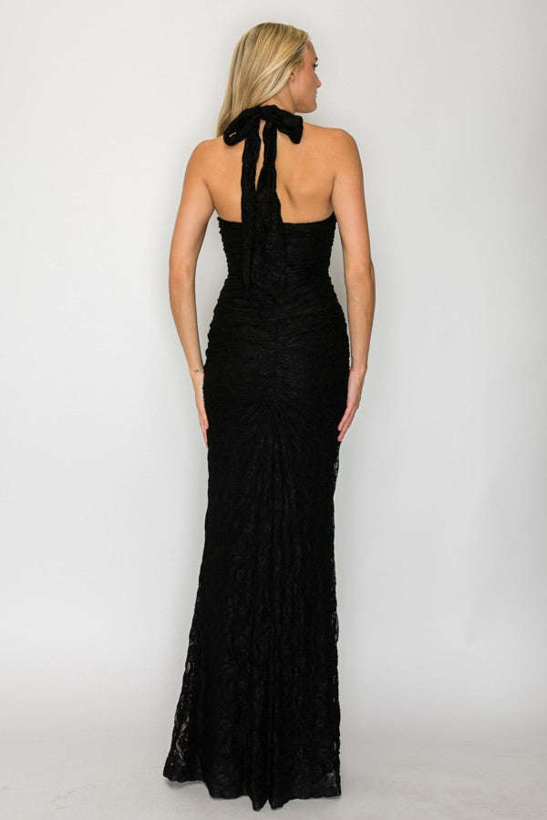 Sienna Black Lace Halter Ruched Maxi Dress
