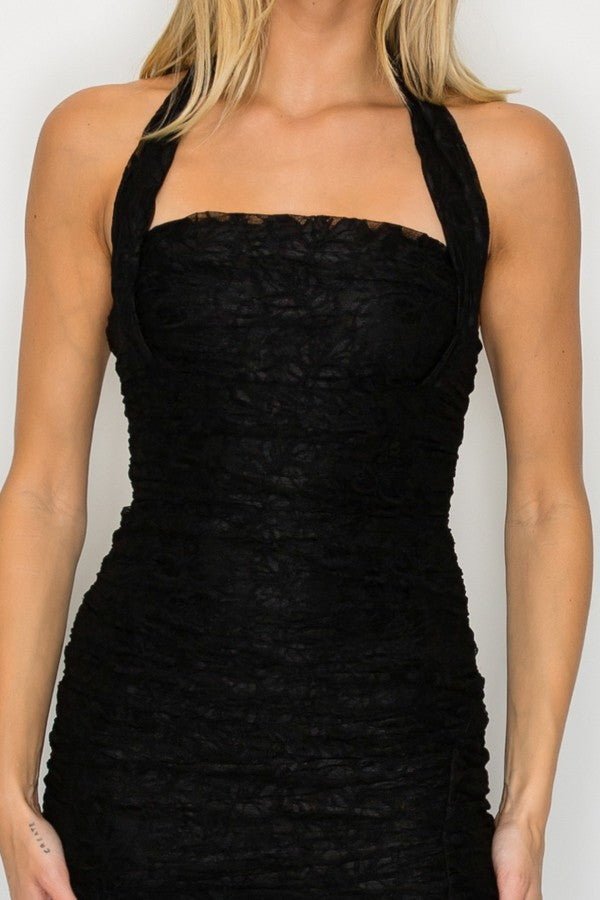 Sienna Black Lace Halter Ruched Maxi Dress