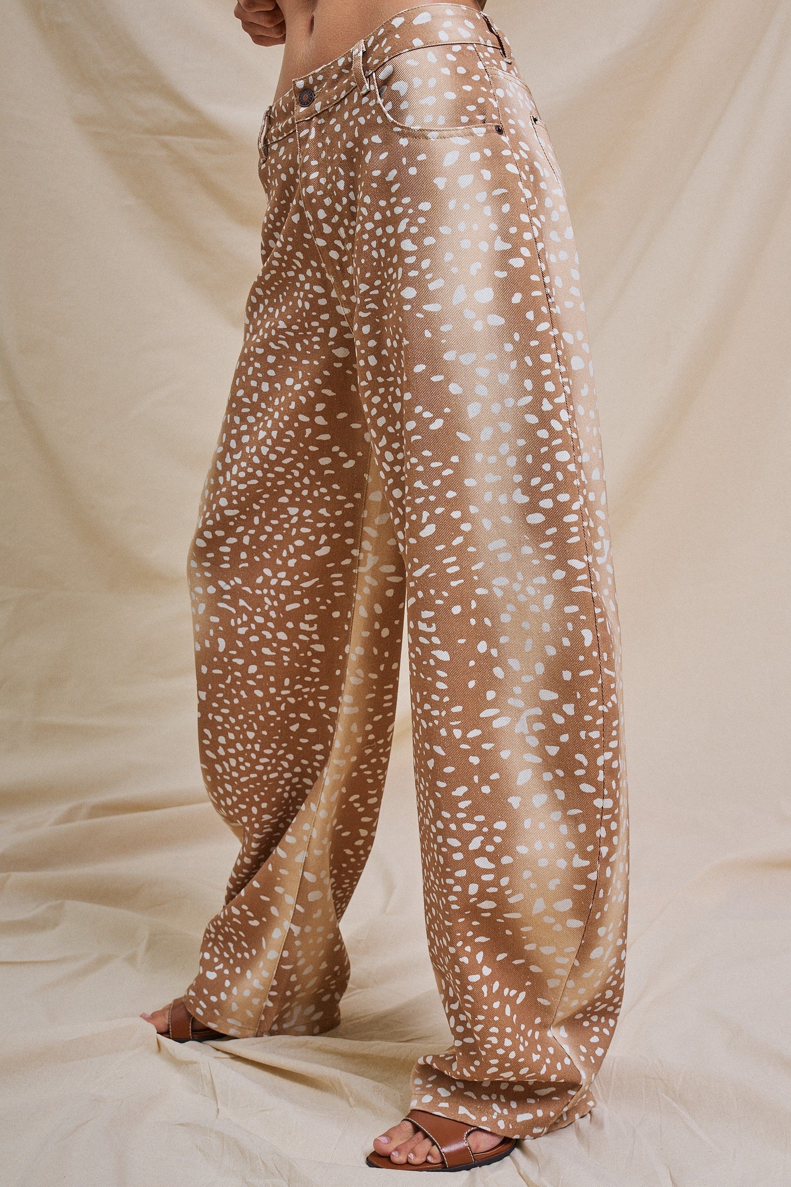 Bambi Khaki Fawn Print Wide Leg Pants
