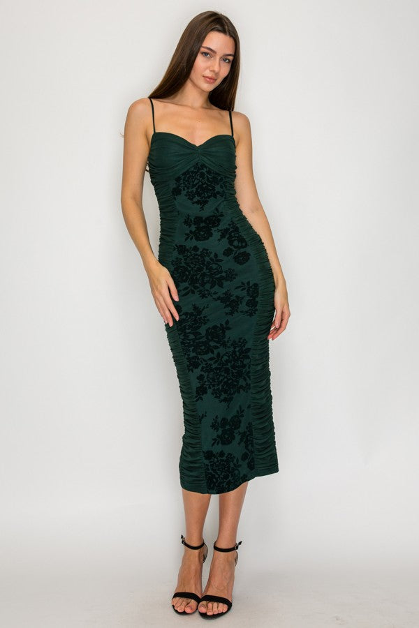 Heather Hunter Green Velour Floral Ruched Midi Dress