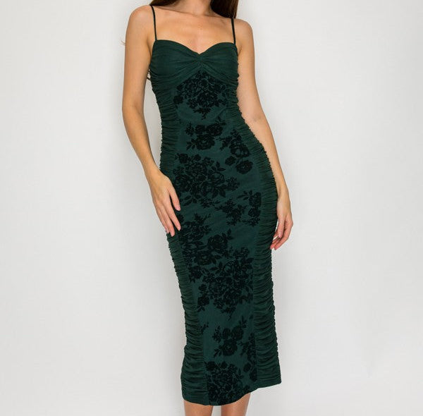 Heather Hunter Green Velour Floral Ruched Midi Dress
