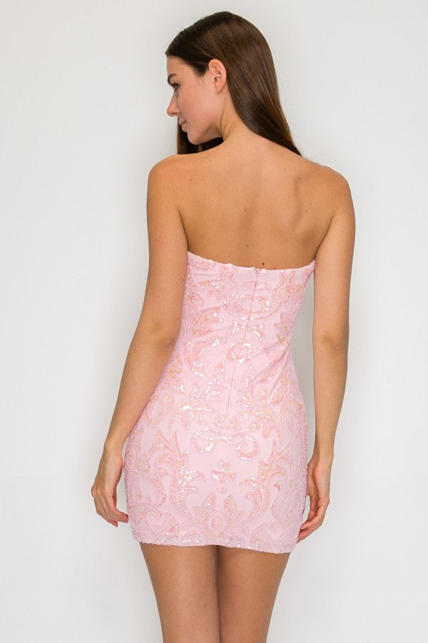 Raelyn Pink Beaded Sequin Bodycon Mini Dress