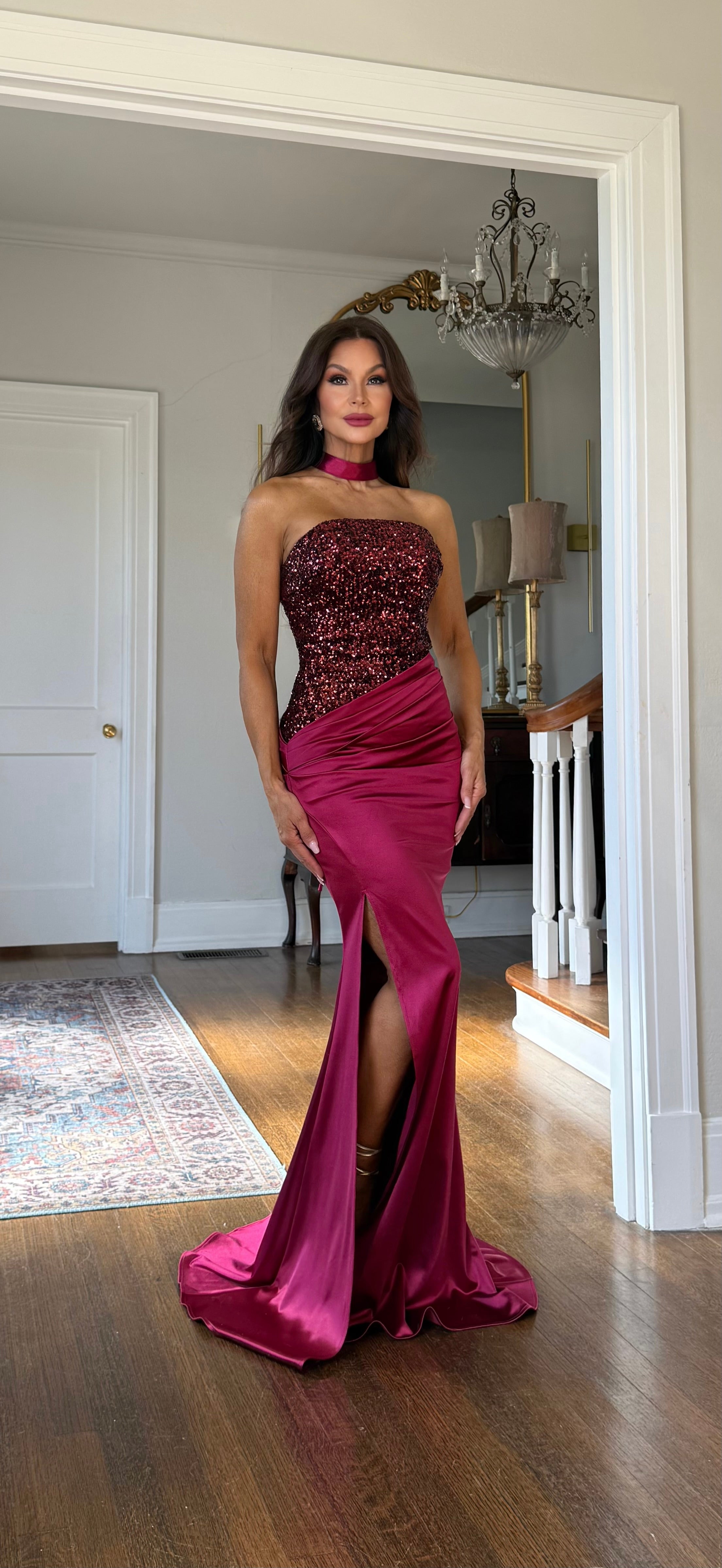 Reign burgundy sequin bodice lace up satin formal