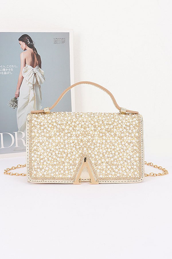 Mila Gold Rhinestone & Pearl Flap Clutch Bag