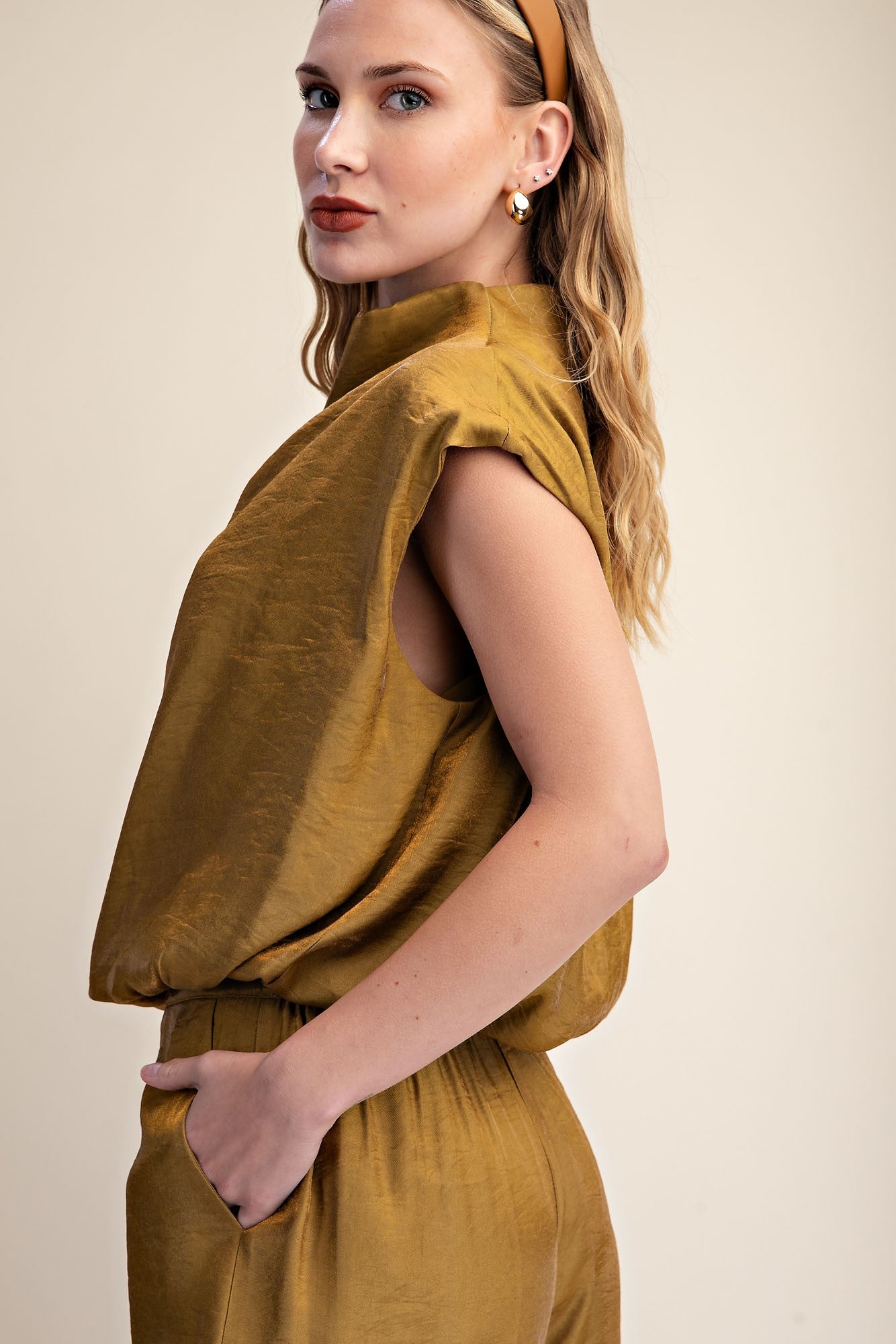 Brooke Mustard Mock Neck Balloon Top