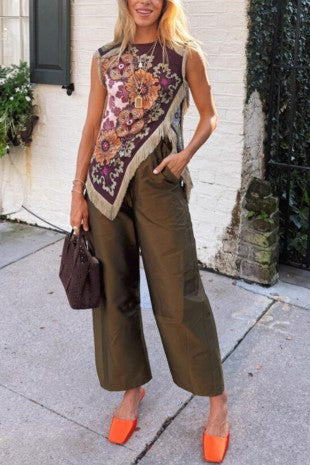Cierra Wine Floral Print Asymmetrical Fringe Cross Top