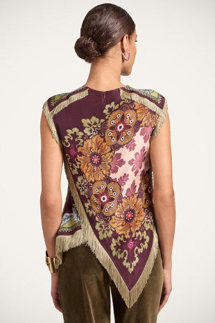 Cierra Wine Floral Print Asymmetrical Fringe Cross Top