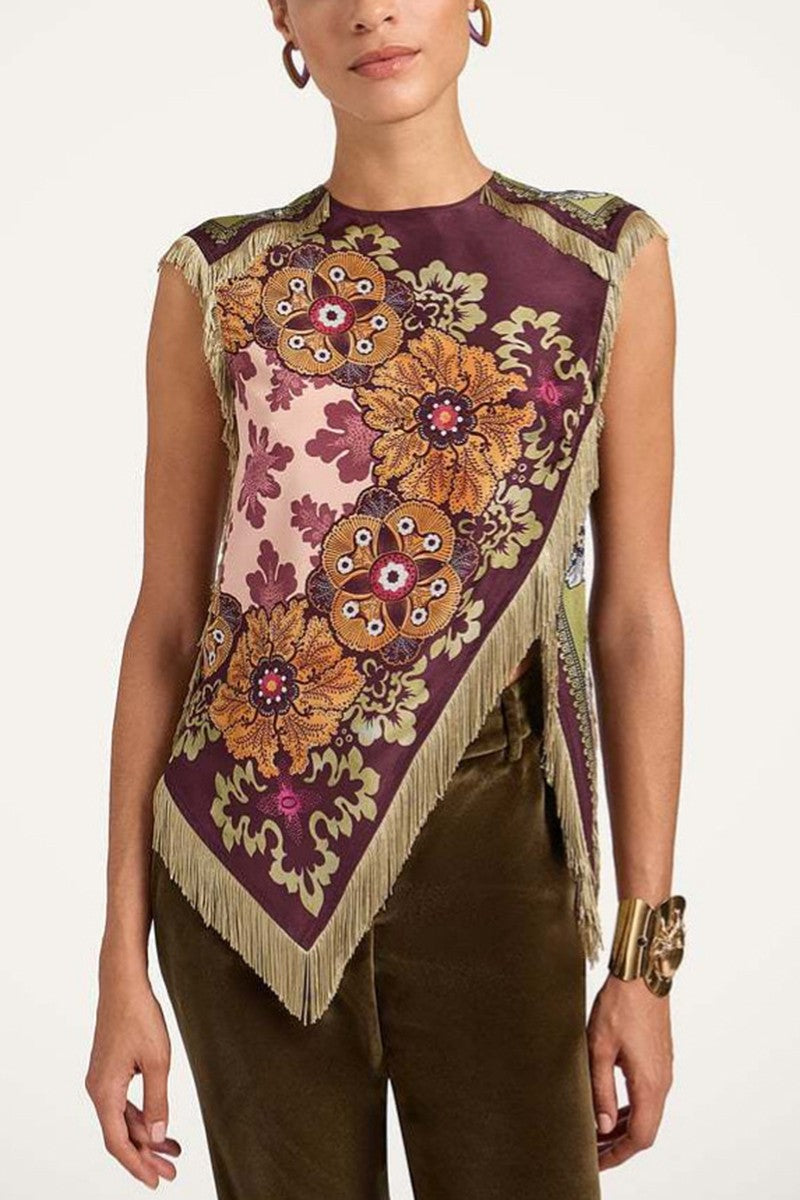Cierra Wine Floral Print Asymmetrical Fringe Cross Top