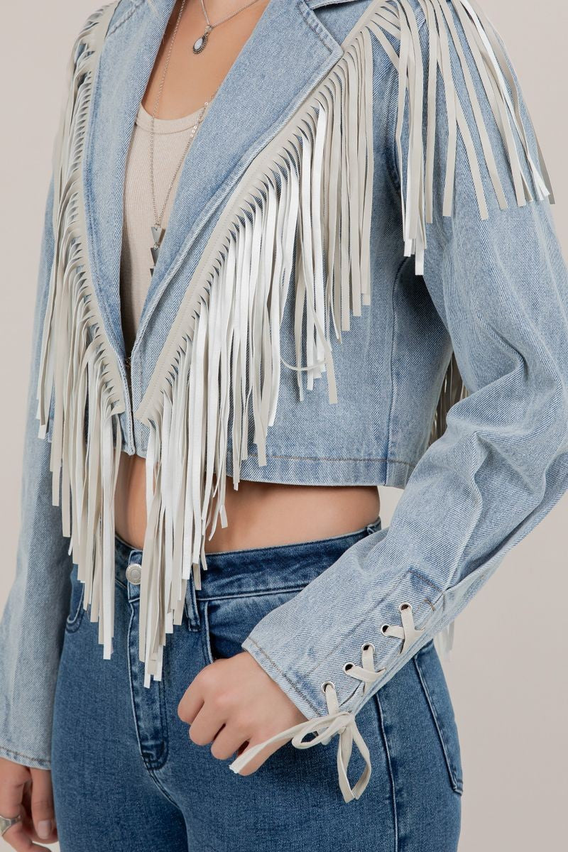 Angel Light Wash Fringe Cropped Denim Jacket