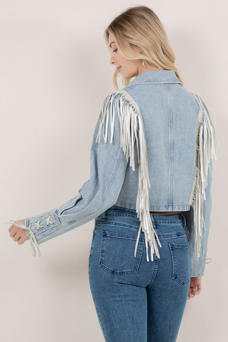Angel Light Wash Fringe Cropped Denim Jacket