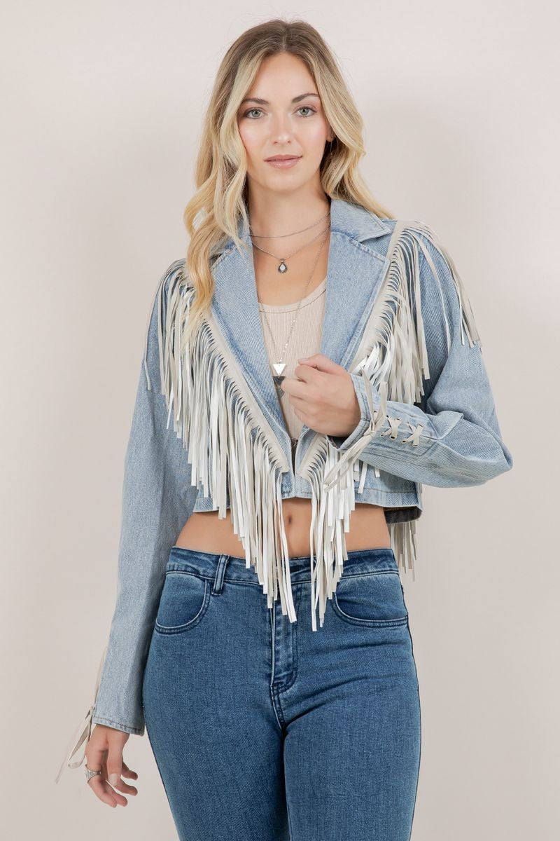 Angel Light Wash Fringe Cropped Denim Jacket