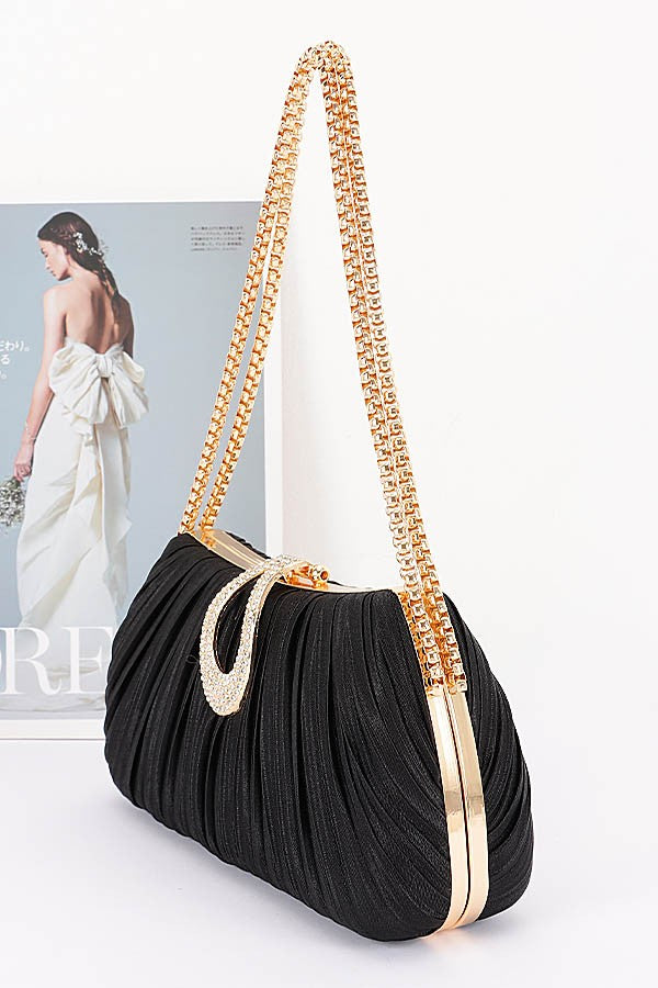 Milena Black Pleated Rhinestone Clutch Bag