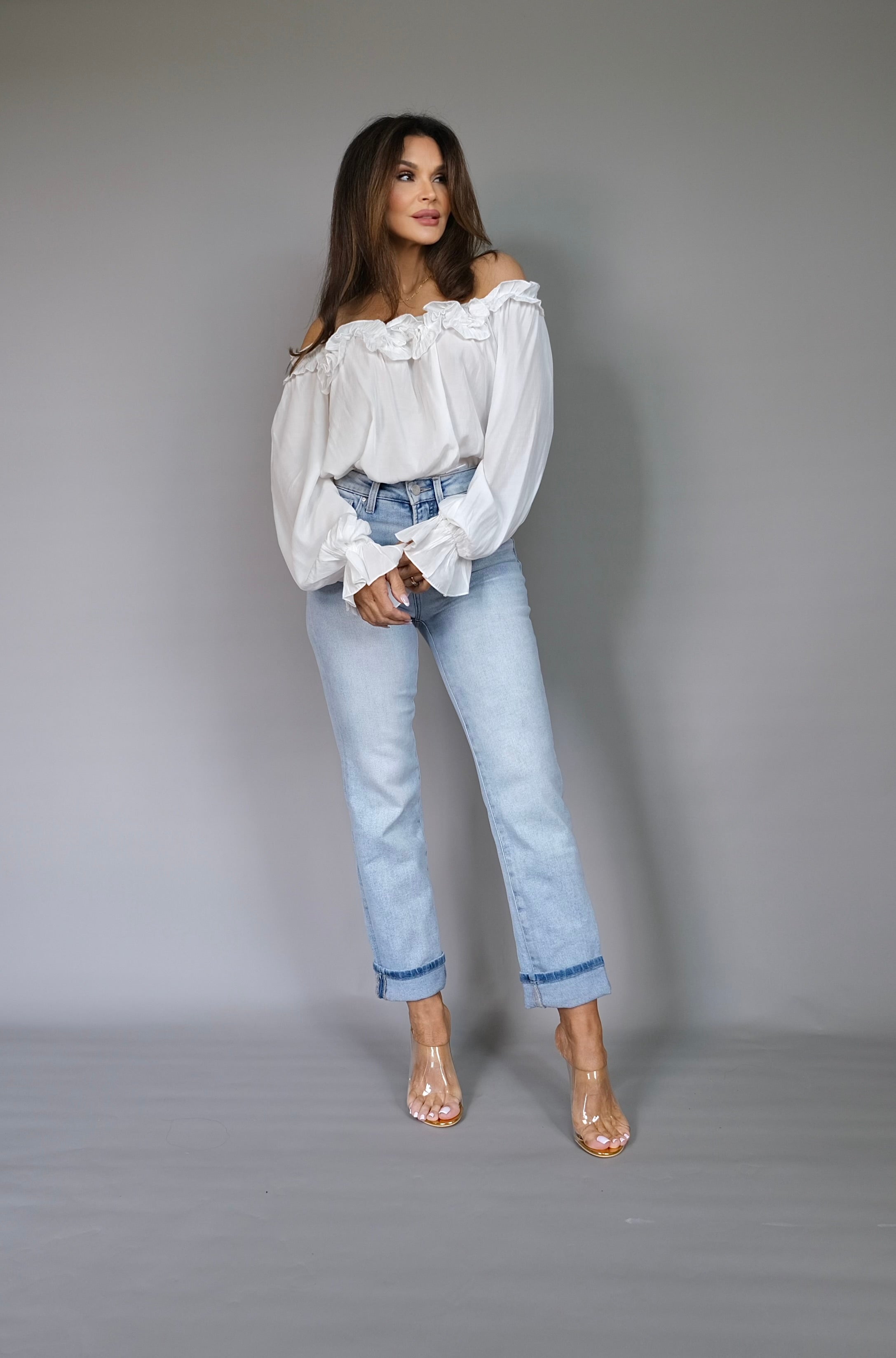 Jane white off shoulder ruffle shirt