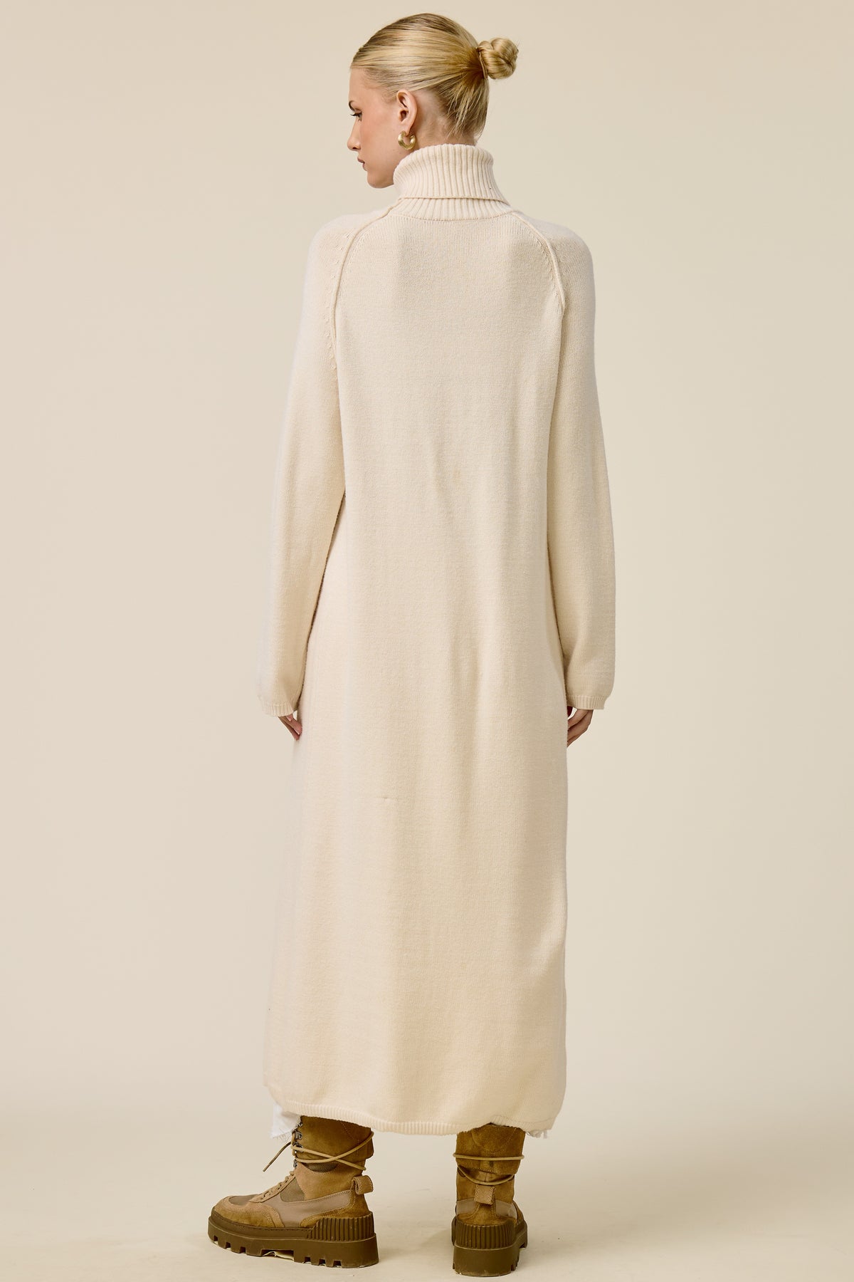 Martha Ecru Turtleneck Tunic Sweater Top With Slit