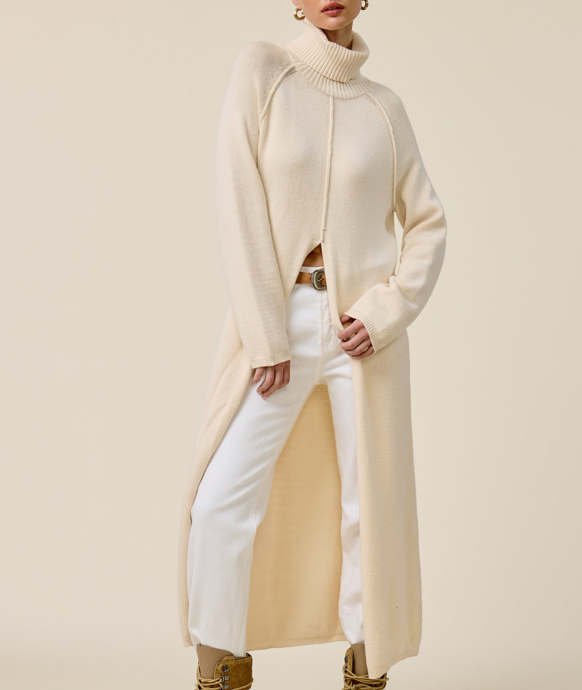 Martha Ecru Turtleneck Tunic Sweater Top With Slit