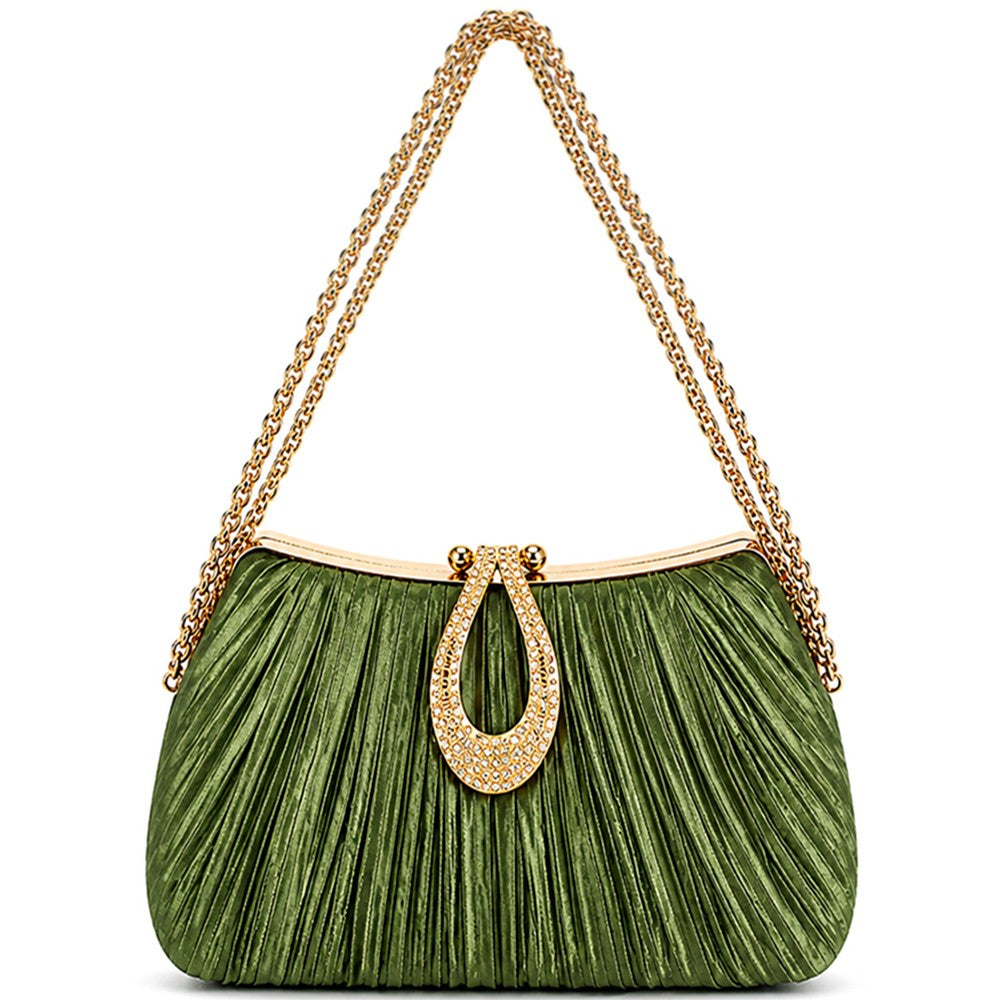 Milena Sage Green Pleated Rhinestone Clutch Bag
