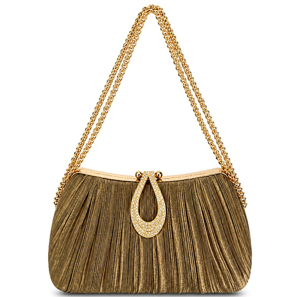 Milena Taupe Pleated Rhinestone Clutch Bag