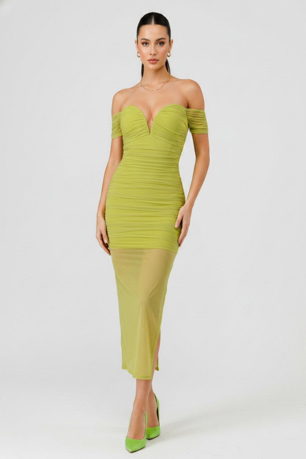 Mindi Green Off Shoulder Mesh Dress