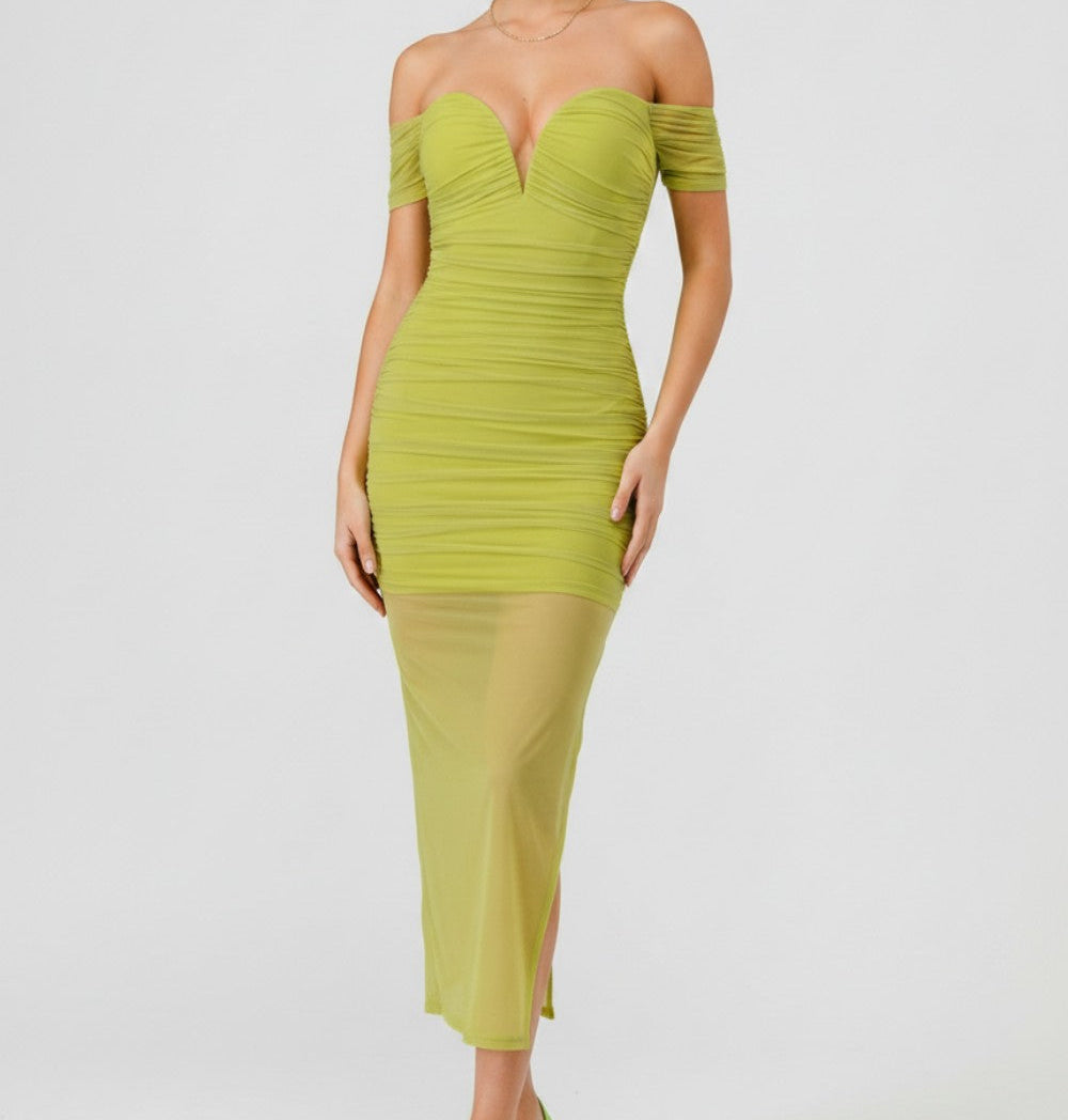 Mindi Green Off Shoulder Mesh Dress