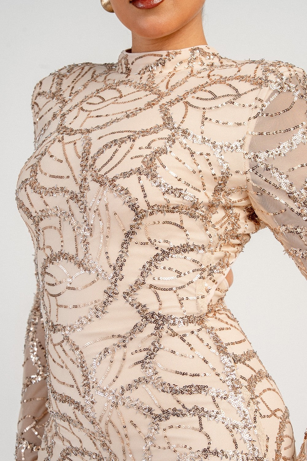 Claudia Champagne Beaded Open Back Long Sleeve Mini Dress