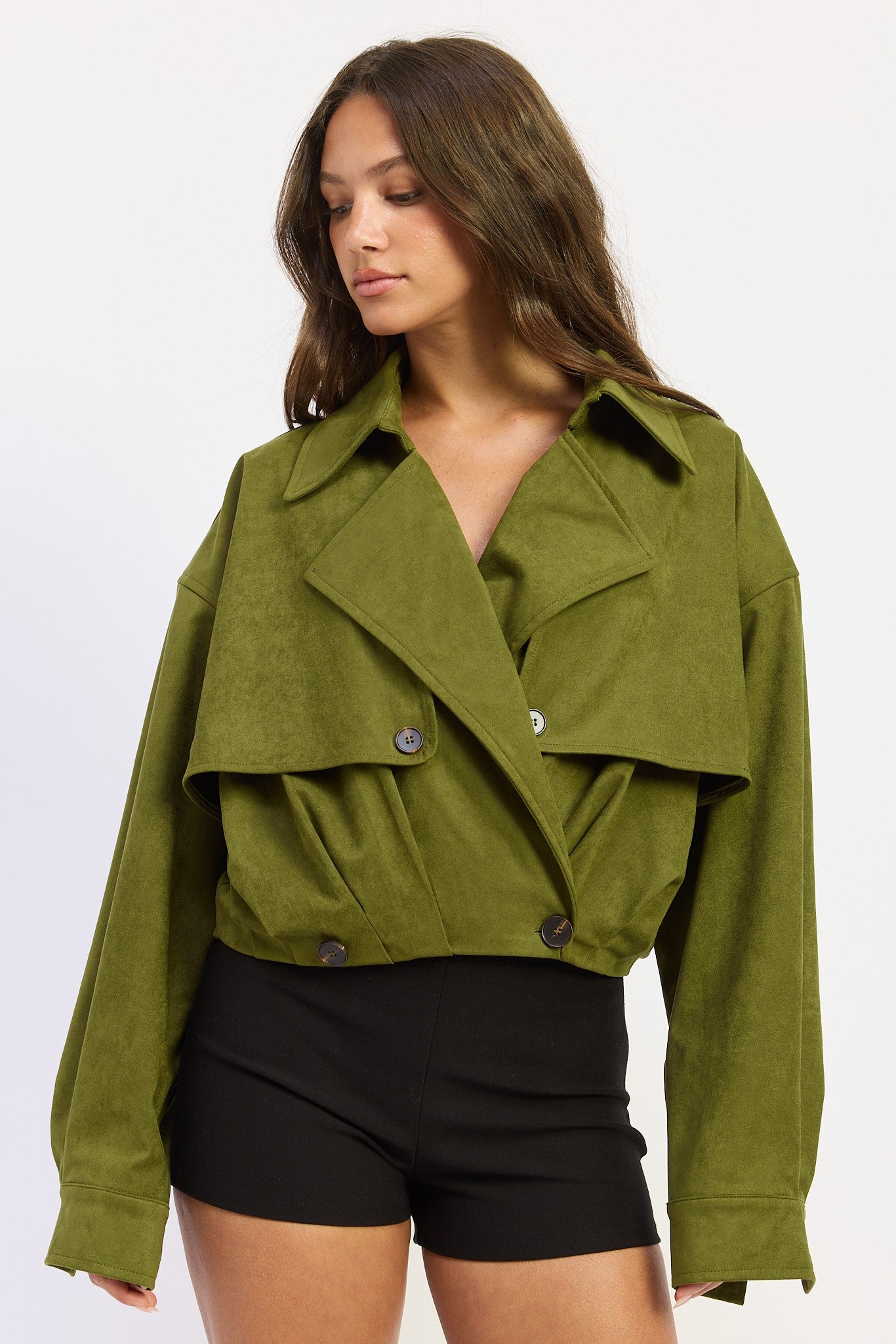 Margo Matcha Green Suede Short Trench Coat