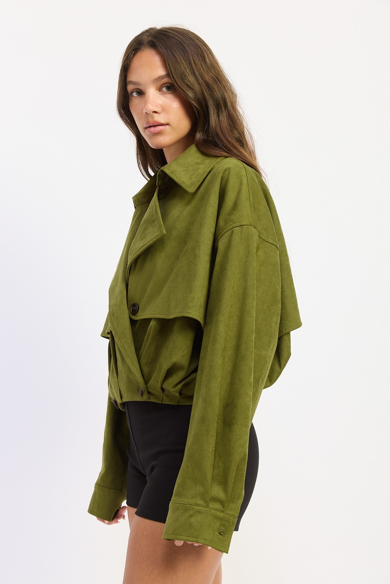 Margo Matcha Green Suede Short Trench Coat