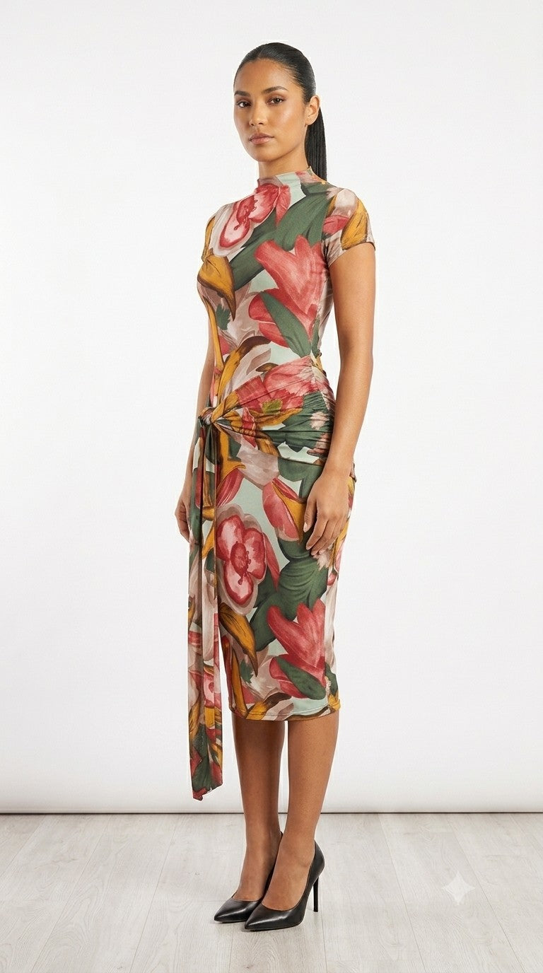 Kylie Sage Floral Front Sash Midi Dress