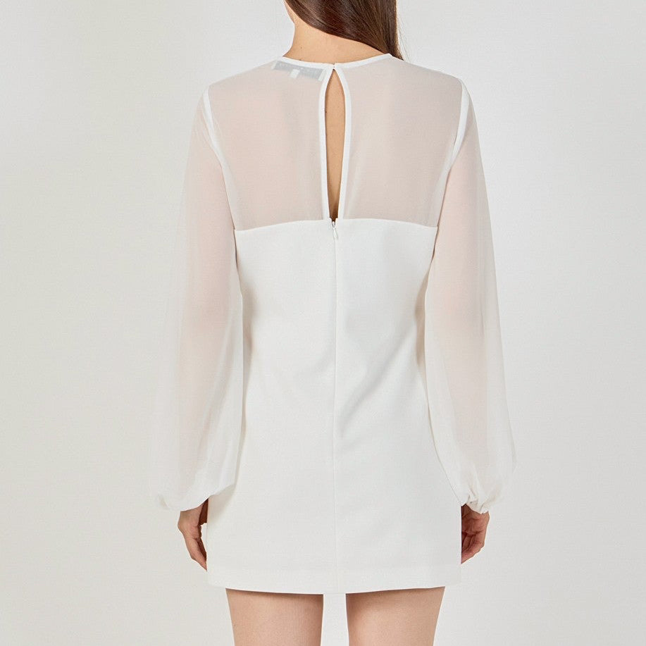 Laurita White Mixed Media Puff Sleeve Mini Dress