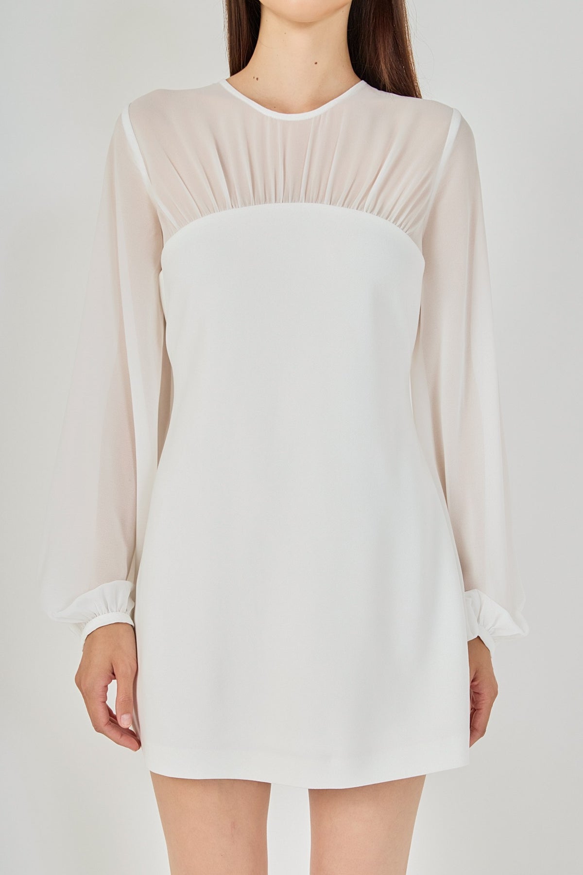 Laurita White Mixed Media Puff Sleeve Mini Dress