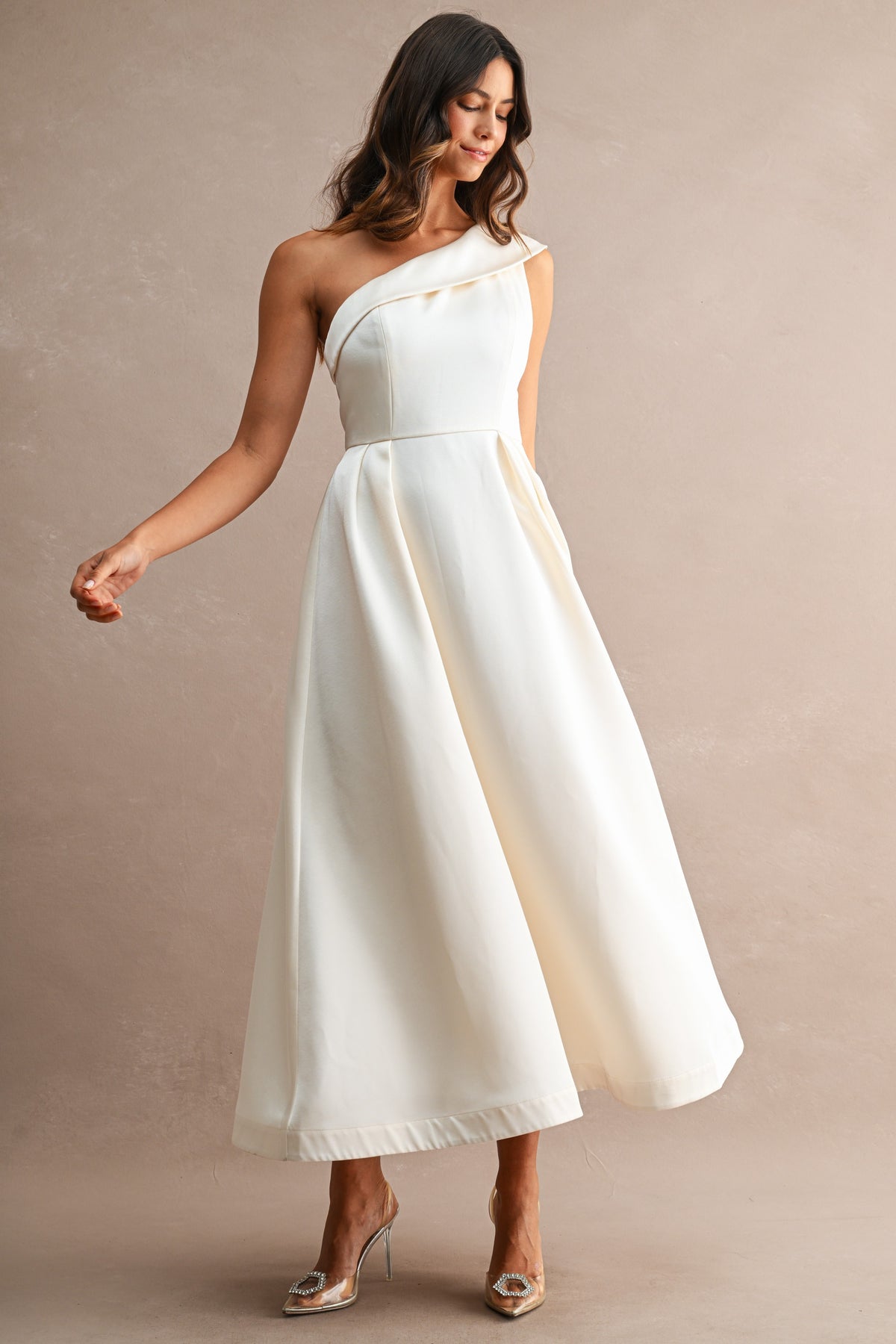 Paula Cream Satin One Shoulder Midi Dress