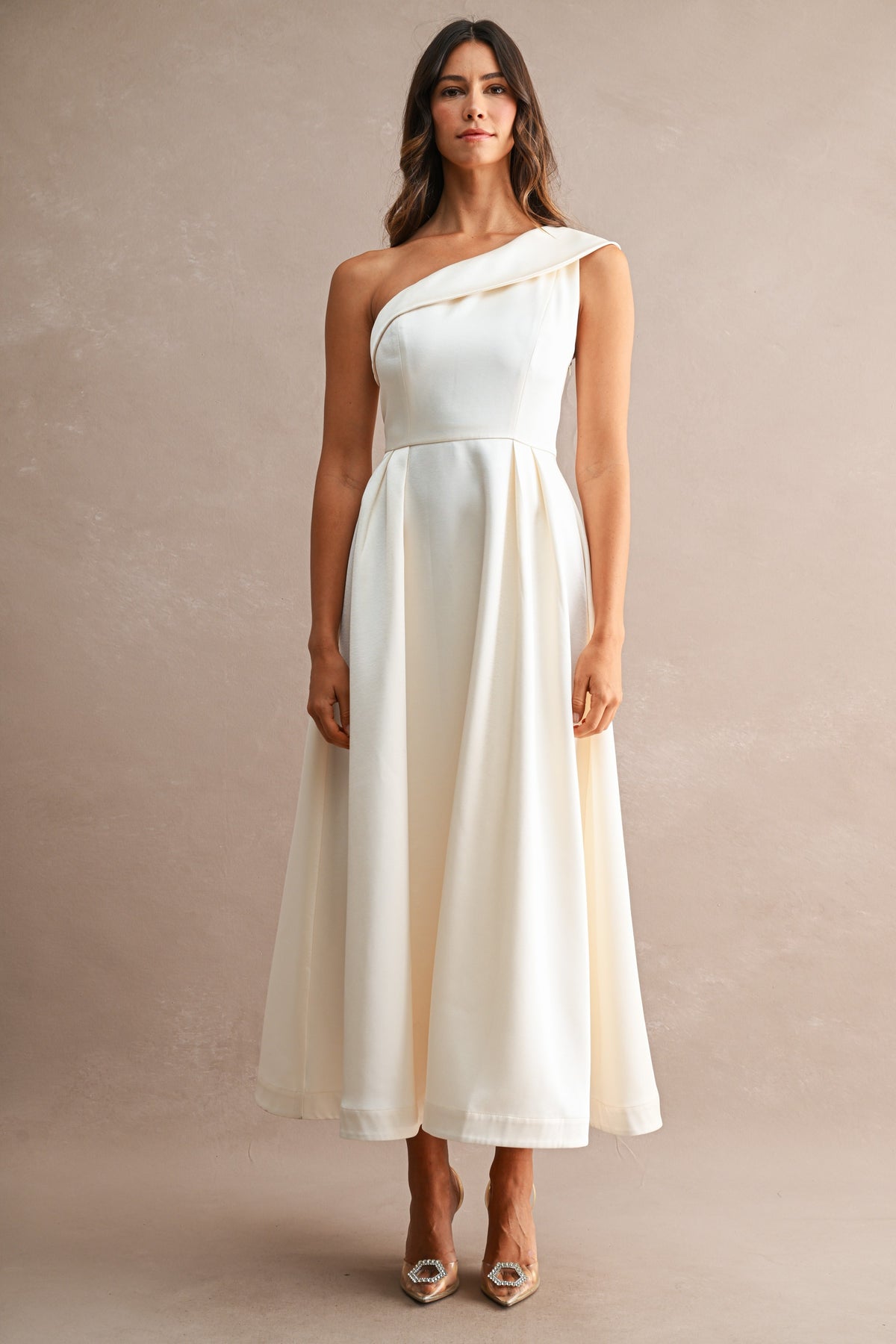 Paula Cream Satin One Shoulder Midi Dress