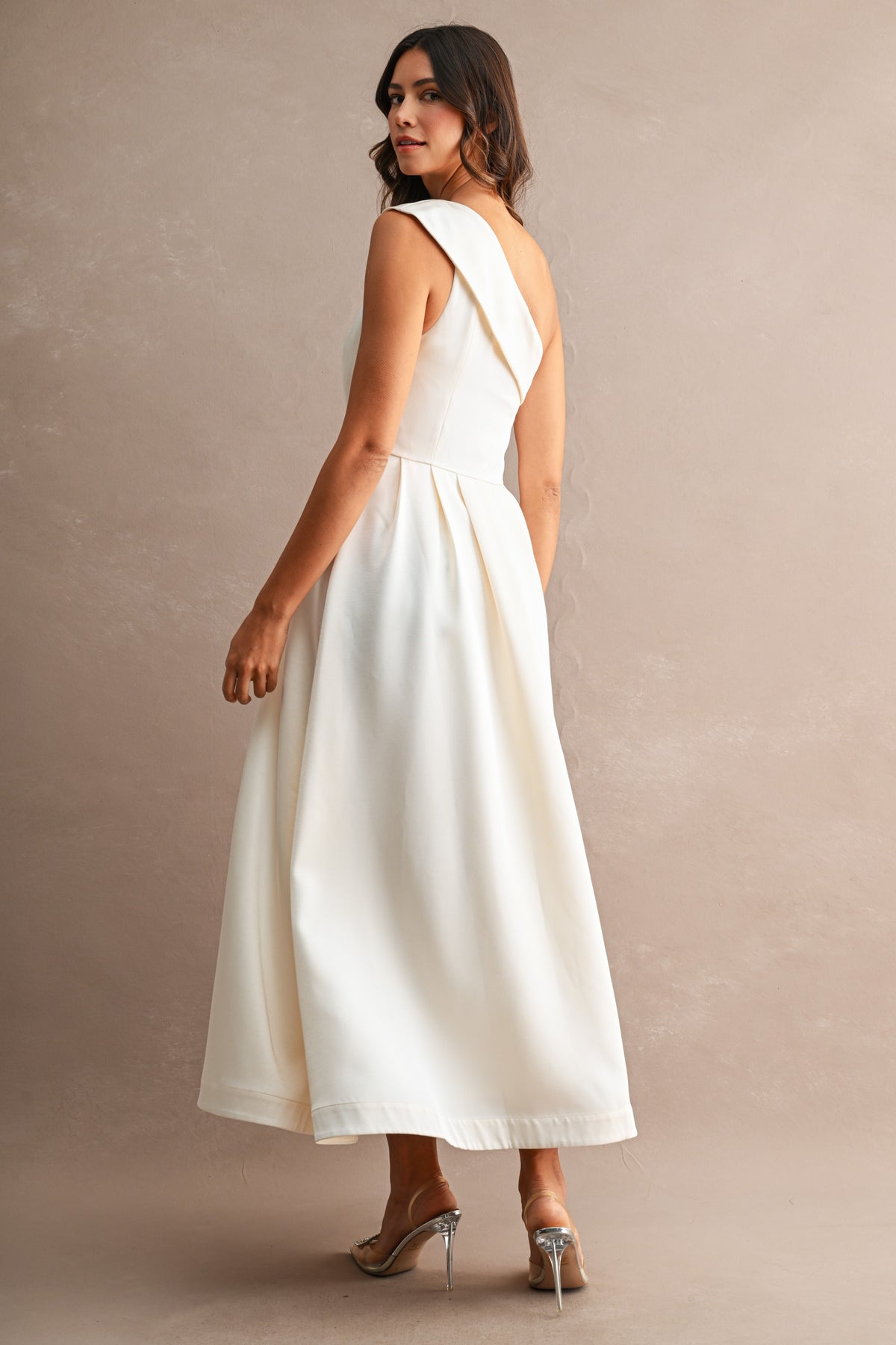 Paula Cream Satin One Shoulder Midi Dress
