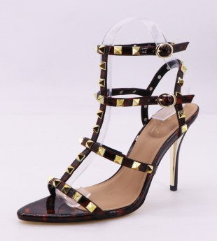 Erica Tortoise Shell Strappy Gold Gromet Stiletto Shoe